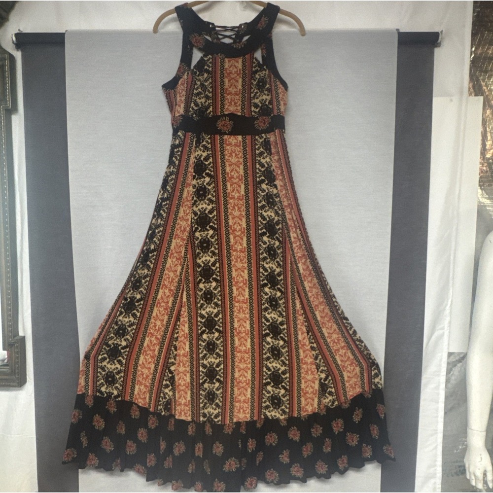 Free People Sleeveless Maxi Dress Size 6 Lace Up "You Made My Day" Roses Cutout